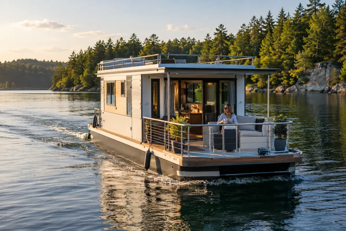 Modern cruising houseboat moving across a calm lake