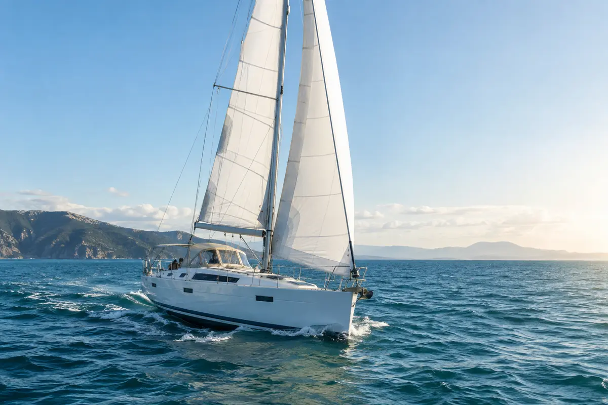 Modern cruising sailboat underway on open water